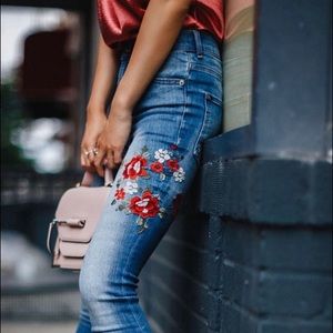 High Waisted Floral Embroidery Denim Legging Stretch Jeans